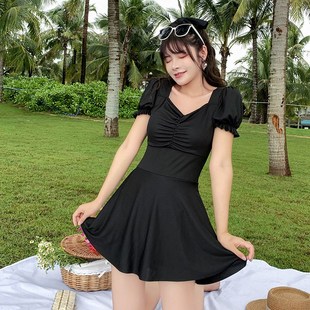 设计感纯色度假学生沙滩温泉泳装 百雅连体游泳衣女新款 夏保守裙式