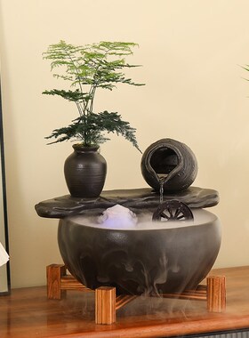 创意小型招财流水摆件循环水陶瓷缸陶罐装饰桌面造景山水古法鱼缸