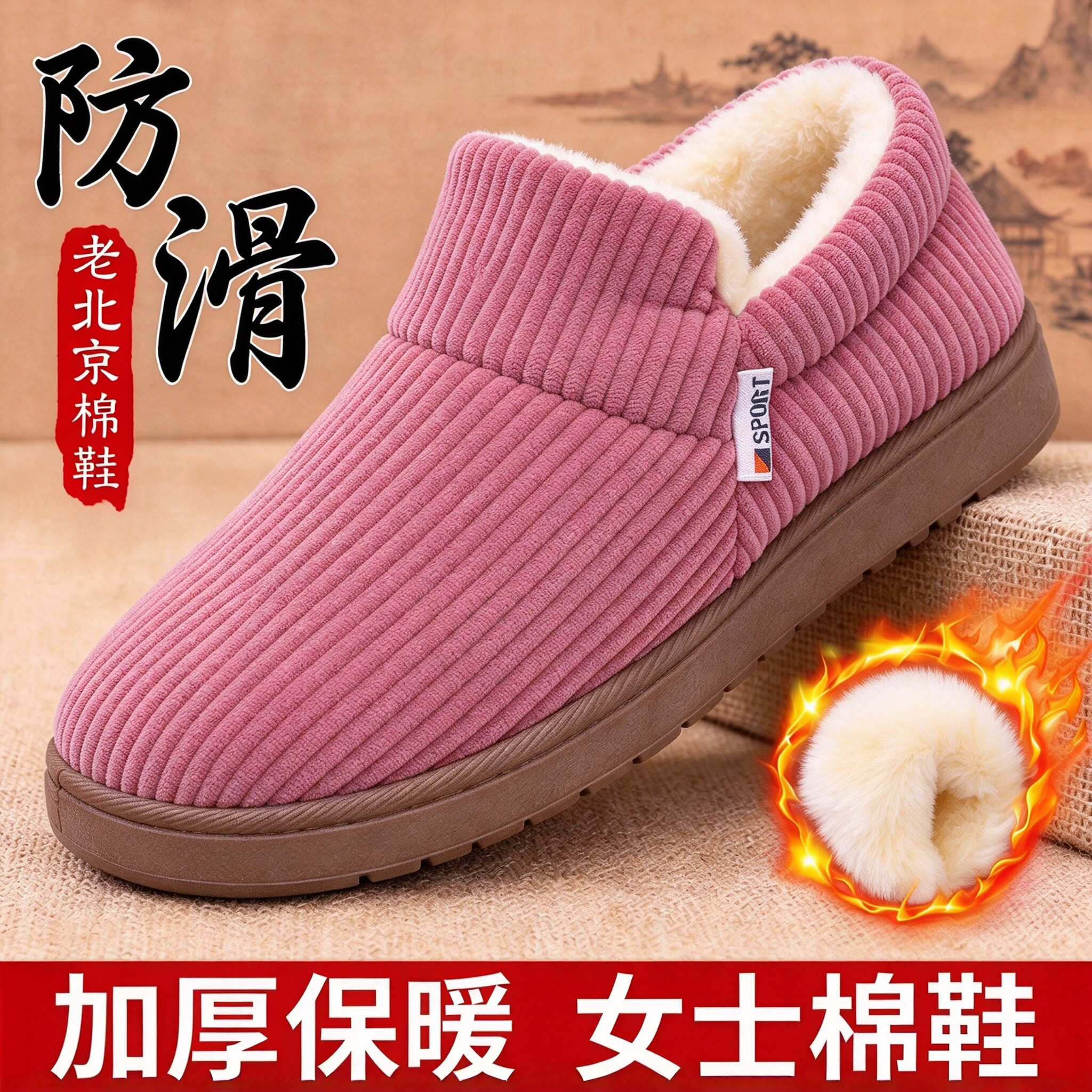 新款老北京布鞋冬季加绒女棉鞋保暖中老年妈妈鞋居家棉拖短靴外穿