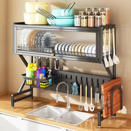 厨房水槽置物架台面沥水碗碟盘子收纳架子家用多功能防尘碗柜带门