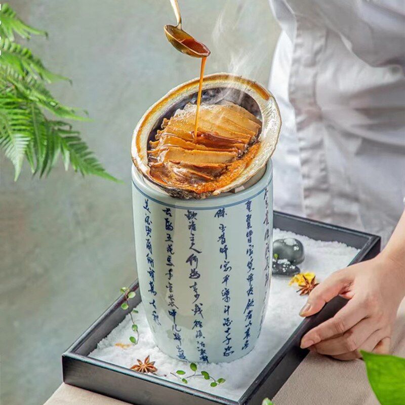 高档中式青花陶瓷炭烤黑金鲍鱼炉座烤响螺海鲜和牛餐具酒店饭店用