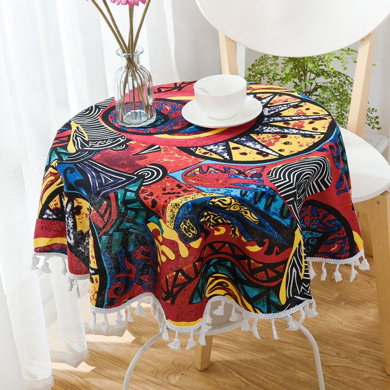 复古地中海酒吧咖啡厅中式东南亚民族风圆桌布布艺棉麻茶几布盖布