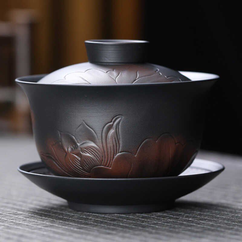 紫陶三才盖碗陶瓷复古茶碗紫砂刻花家用大泡茶功夫茶具不烫手高档