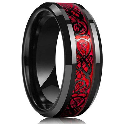 Fashion 8mm Red Groove Beveled Edge Black Tungsten Wedding