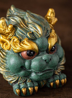 创意可爱水火麒麟公母一对彩金高档精品家居客厅桌面装饰摆件送礼