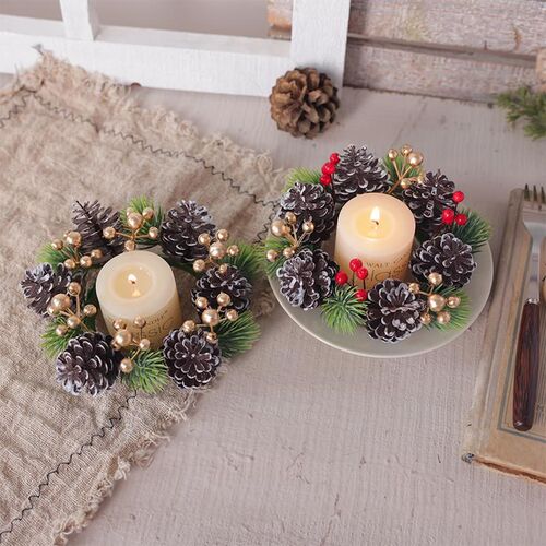 Faux Pine/Cherry Candle Wreath: Xmas Tabletop Decor