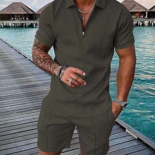 Men Zip-Up  Shirt and Shorts Set 6638#