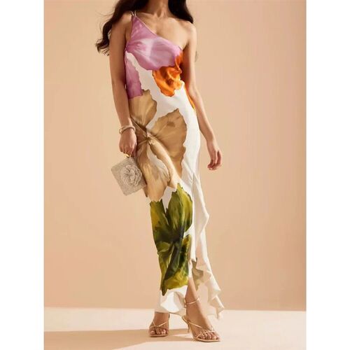 ? Fashion Printed Curling Edge Dresses Irregular Neck Off S