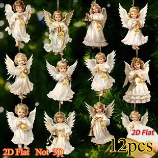 12pcs 2D Vintage Christmas Angel Wooden Pendants Hanging