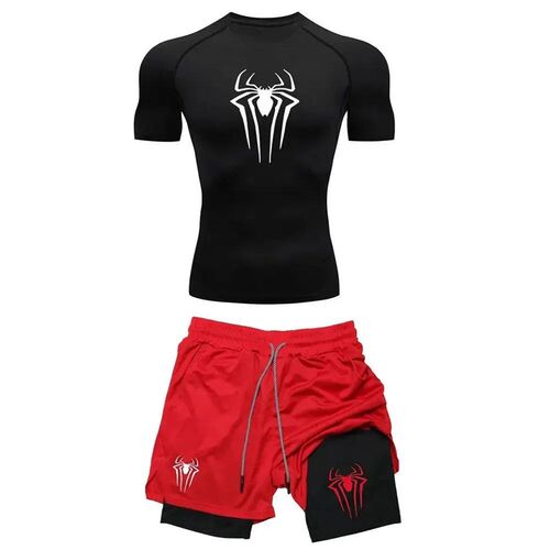 Mens Workout Compression Set  Spider Printed Gym Tshirts Br