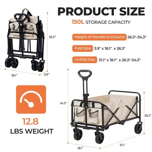 Folding Utility Wagon, Collapsible Outdoor Wagon Cart for Ca
