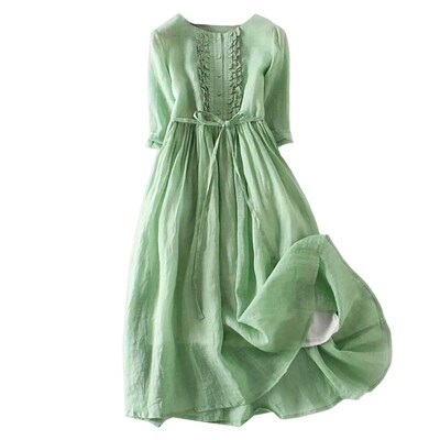 Cotton Linen Round Neck Dress Double Layer Fairy Tie Waist