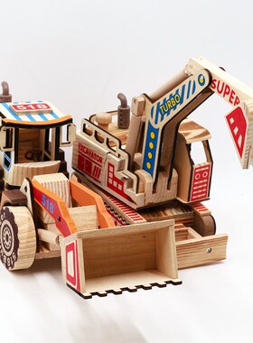 创意大号彩色木质挖掘机 挖土推土机模型客厅摆件车家居饰品