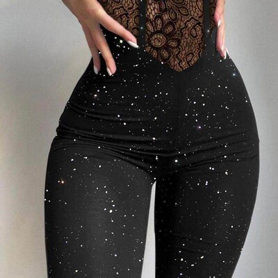 Glitter Cold Shoulder Contrast Lace Corset Jumpsuit连衣裤女