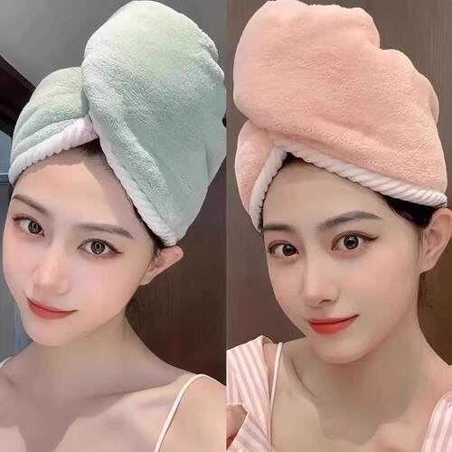 Color-blocked coral fleece hair drying cap, double-layered a