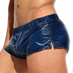 Mens Glossy Swimming Trunks Low Rise Sides Slit Solid Color