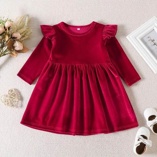 Autumn Solid Color Single-sided  Velvet  Dress for Baby Girl