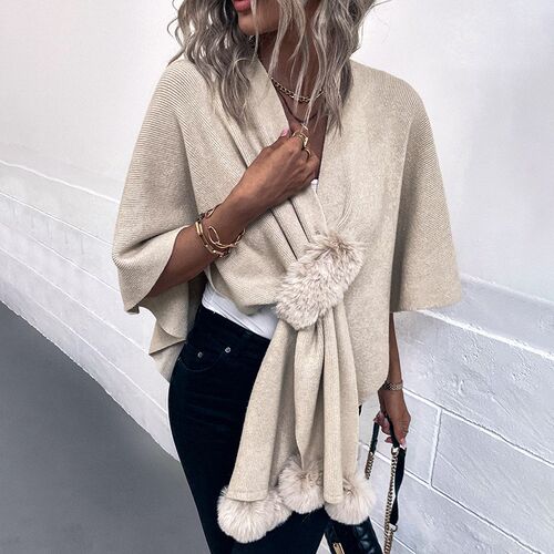 Fine Drizzle Pure Color Pom Pom Cloak Sweater Women 2025 Aut