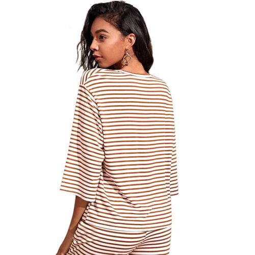 2025 Womens Round Neck Base Shirt Loose Home Casual Striped