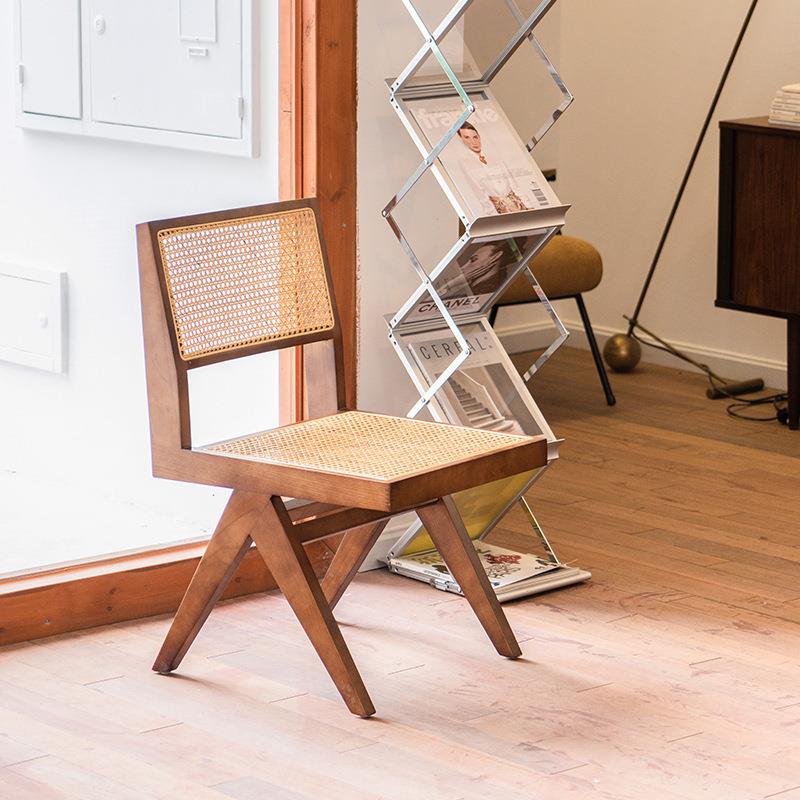 北欧中古风实木餐椅设计师工作室复古靠背藤编无扶手椅子