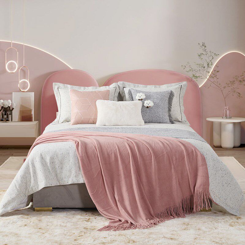 展厅样板间 家具配套 女孩房儿童粉色棉麻卡通床上用品 灰粉色
