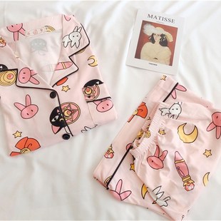 Womens Cotton Pajamas Set Turn-down Collar Pyjamas Short Sle