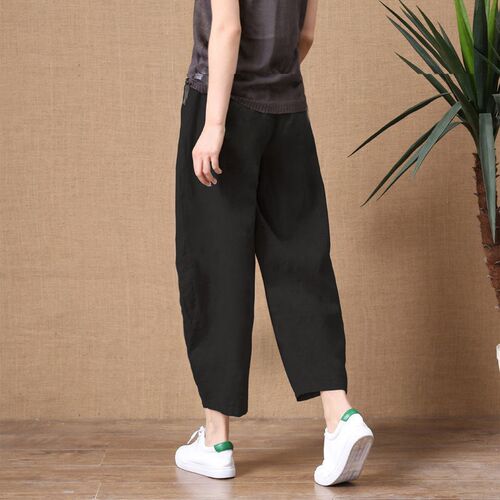 ShiMai Womens Cotton Linen Pants Elastic Waist Vintage Trou