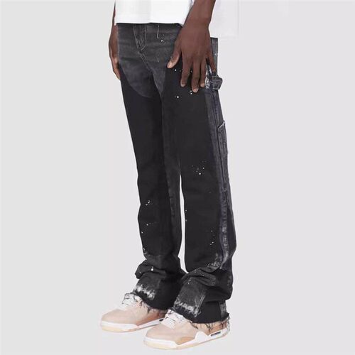 Men denim work pants with elastic patch layered flared pants