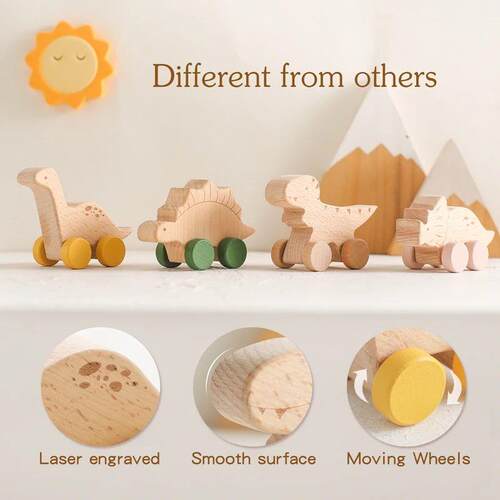 Wooden Baby Car Toys Beech Wooden Dinosaur Cartoon Car Teeth