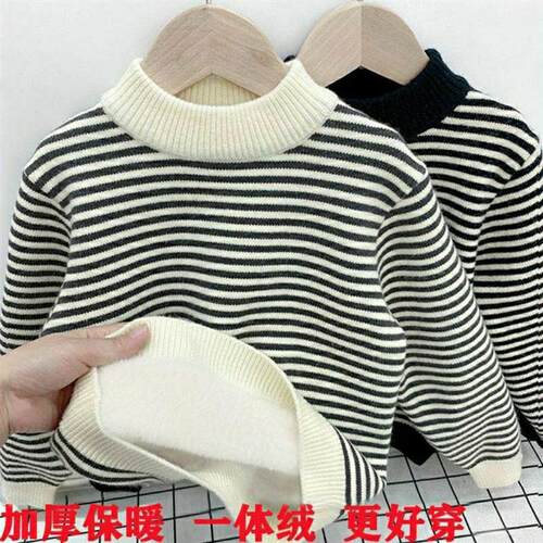 Fleece-lined Childrens Sweater Striped Round Neck Loose Fas