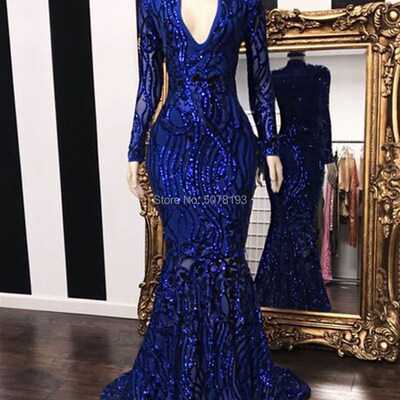 N215 Elegant royal blue fashion V-neck long sleeves zipper m