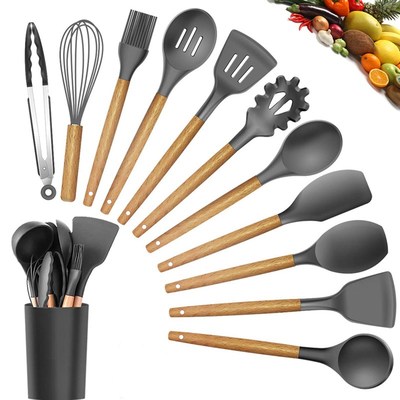 Best Silicone Cooking Utensil Set Wooden Handle Spatula Soup