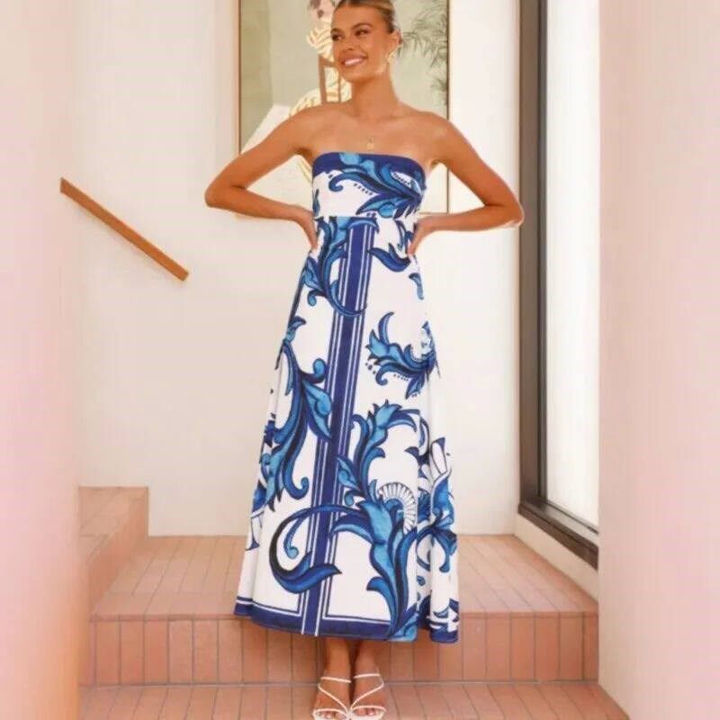 Fashion Print Long Dress Women Straples Off Shoulder High