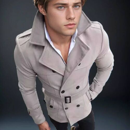 Mens woolen coat Lapel Double Breasted Casual Trench Contai