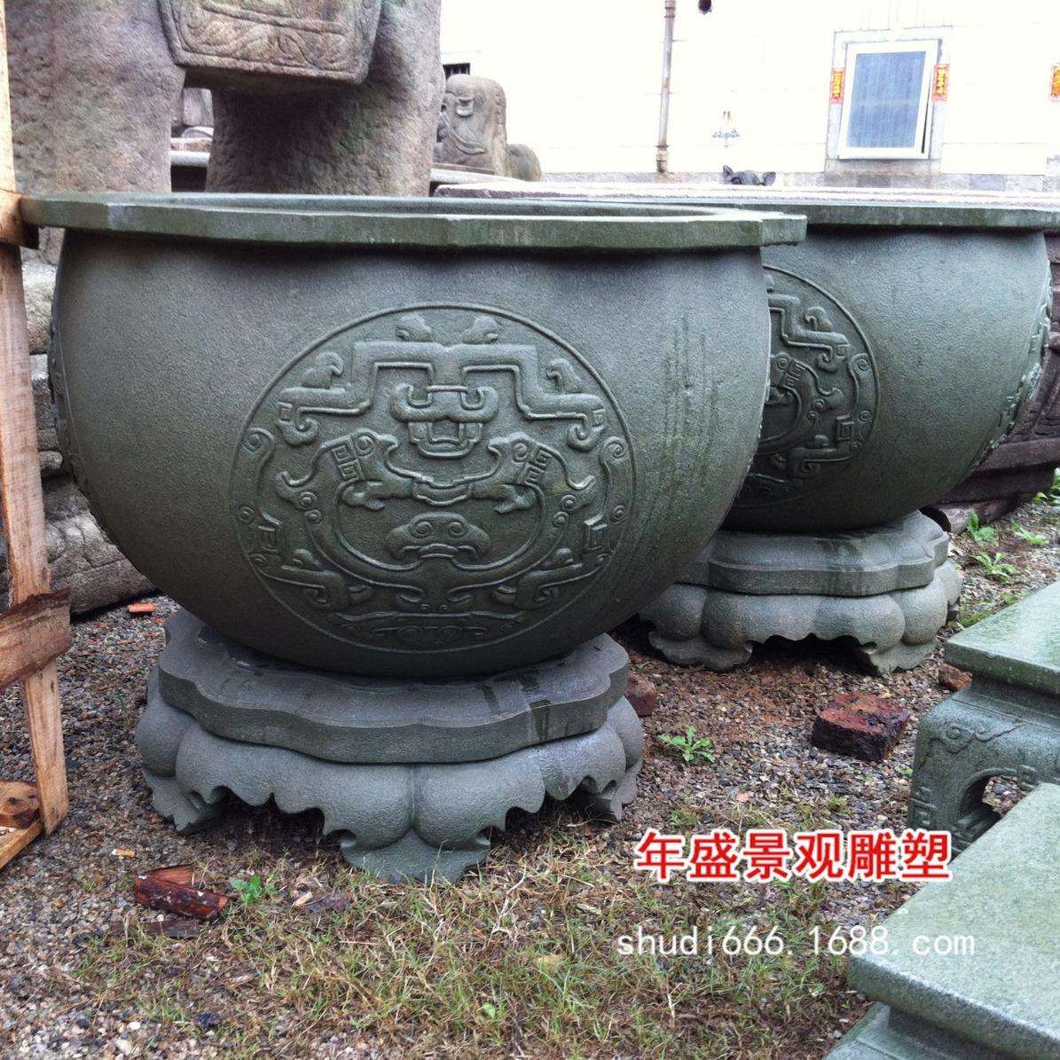仿古石雕鱼缸水槽 青石雕刻仿古石头花盆 做旧花盆崇武雕刻