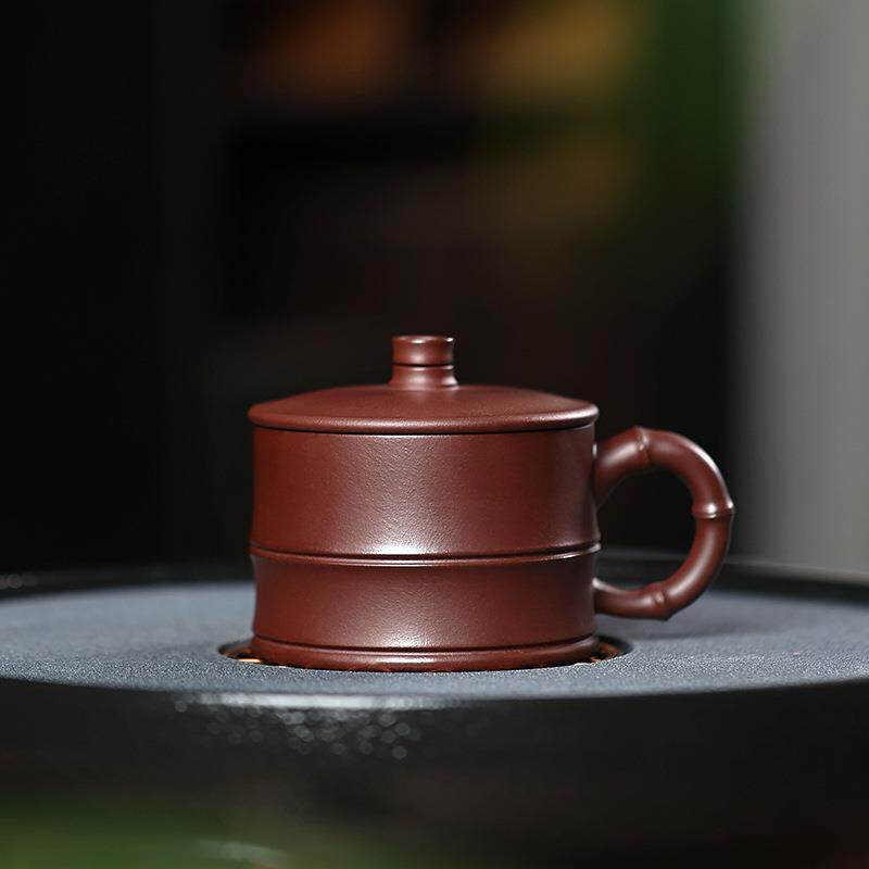 宜兴紫砂带盖茶杯紫泥青段泥竹节杯单人专用主人泡茶杯紫砂茶杯