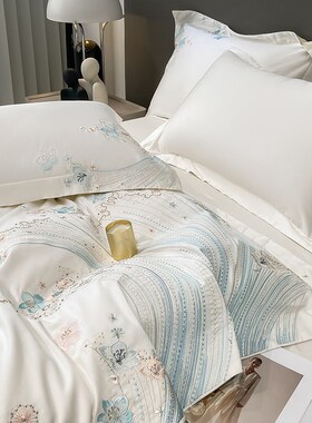高级感全棉法式四件套白色刺绣被套纯棉床单床笠主卧床上用品