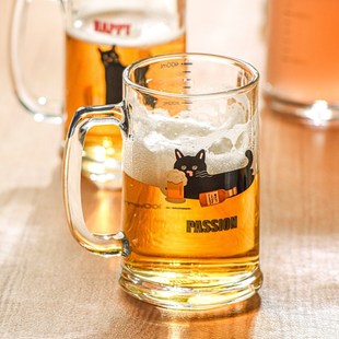 啤酒猫卡通啤酒杯带手柄加厚玻璃水杯家用果汁杯耐用大容量杯子