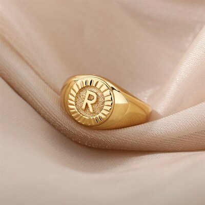 Vintage Initial Letter Signet Rings For Women Stainless Stee