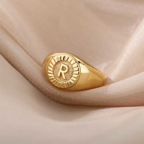 Vintage Initial Letter Signet Rings For Women Stainless Stee