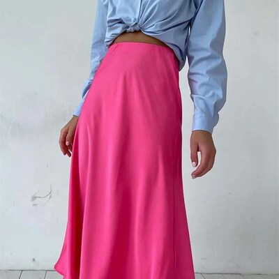 Silk Satin Skirts for Women Korean Style Champagne Office Hi