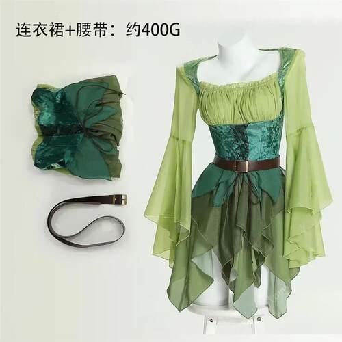 Womens elf medieval green magic elf cosplay dress with wing