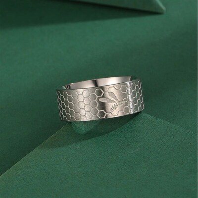 Kinitial Honey Comb with Bee Band Ring, Honey Comb Ring, Bee