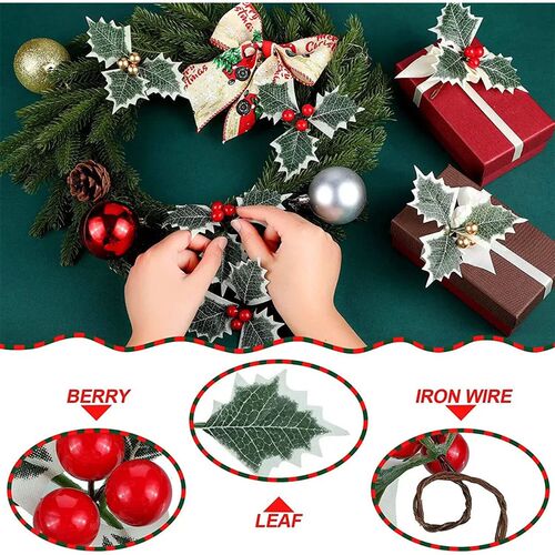 10pcs Artificial Holly Berries with Leaves for Christmas Wre