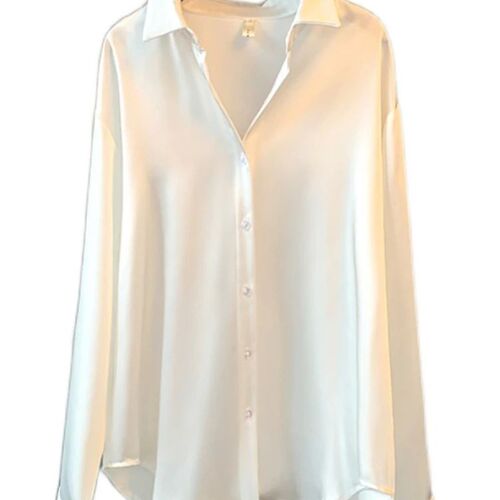 Office Lady Sheer Top Long Sleeve Shirt Overshirt Satin Shir