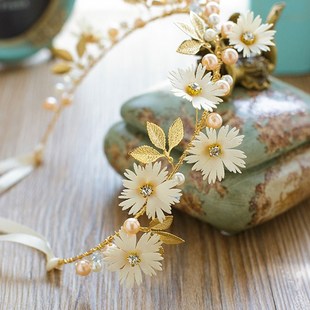 Women Pearl Flower Headband Bridal Garland Headdress Wedding