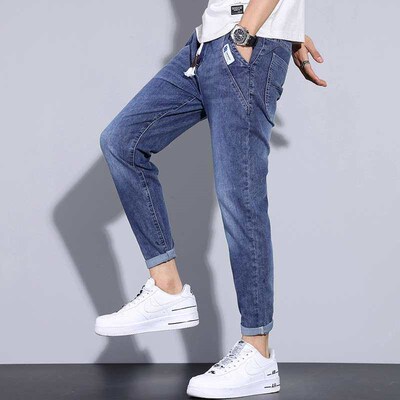 Elastic Waist Jeans Spring and Summer Thin Loose Straight Ne