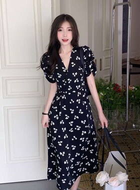 L womens dress, summer blak V-nek floral dress, small size