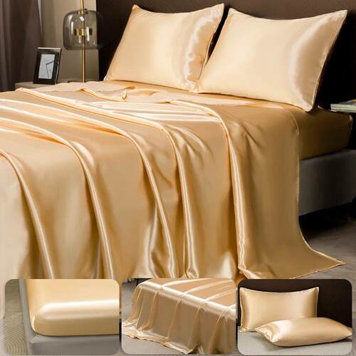 Opulent Solid Color Satin Bedding Set,Includes Flat Sheet, F