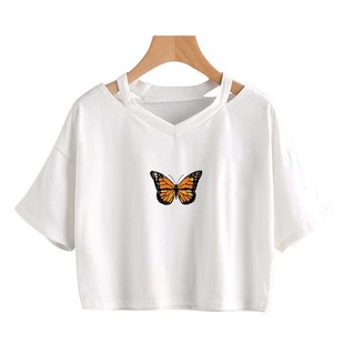 Summer Women Gothic Sexy T-Shirts Butterfly Crop Top Girls S
